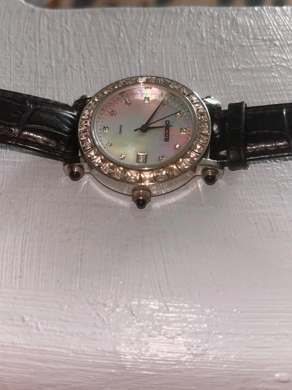 Womens Chicos Watch with rhinestone circled face on Leather Strap